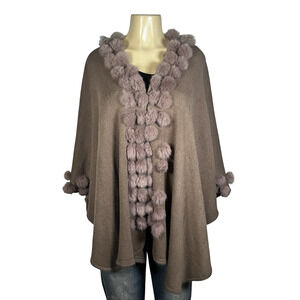 Poncho Womens One Size Taupe Brown Cape Wrap Shawl Rabbit Fur Pom Poms